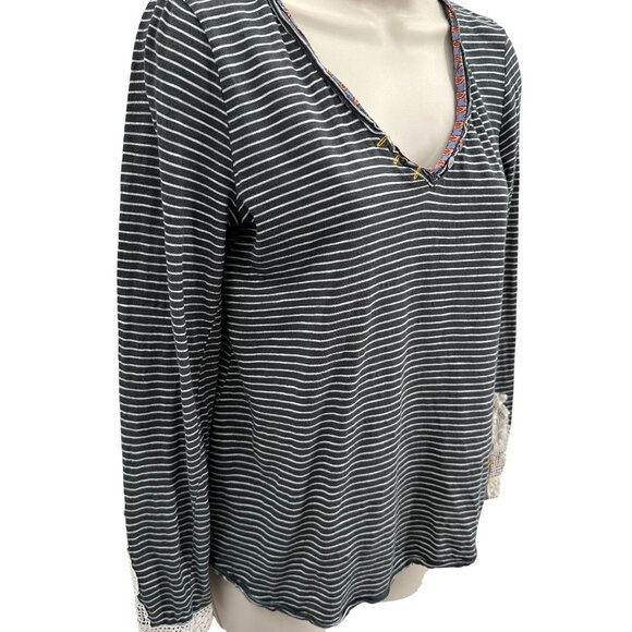 Anthropologie Striped Long Sleeve V Neck Top With Lace & Button Accents Size S - Picture 2 of 8